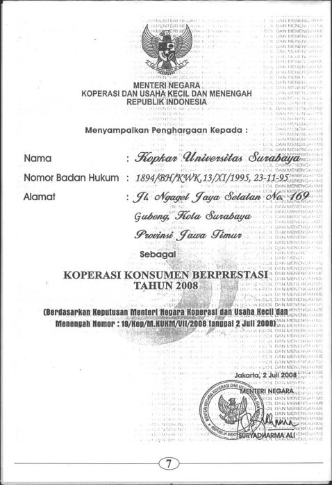 2 Juli 2008 Penghargaan KOPKAR UBAYA Sebagai Koperasi Konsumen Berprestasi