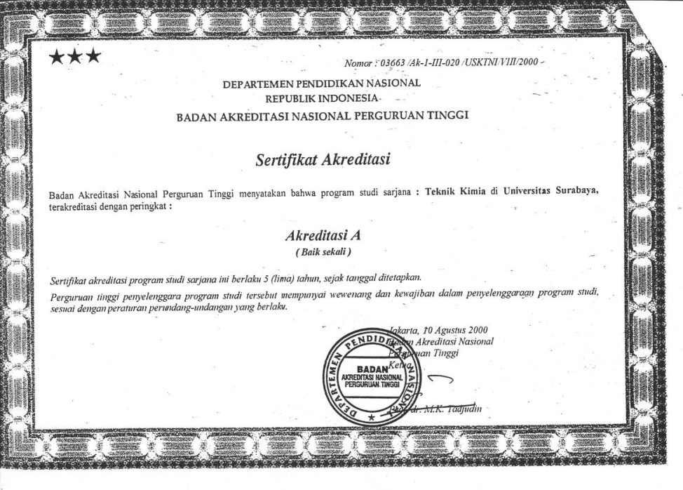 10 Agustus 2000 – Program Studi Teknik Kimia UBAYA Mendapatkan Pengakuan Terakreditasi A oleh BAN-PT