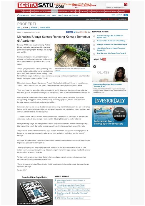 Senin, 24 September 2012 | 14:34 Email Mahasiswi Ubaya Sukses Rancang Konsep Berkebun di Apartemen