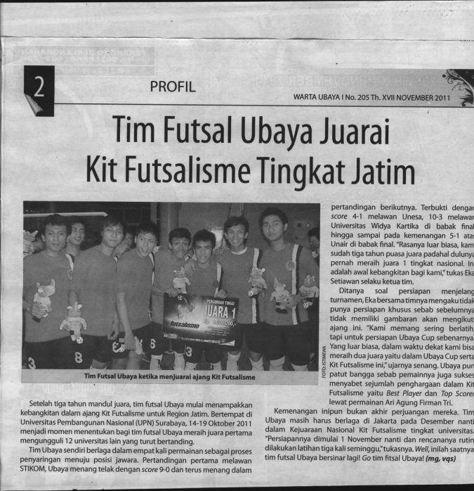 14 Oktober 2011 – Tim Futsal Universitas Surabaya Menjadi Juara Kit FUTSAL Tingkat Jawa Timur
