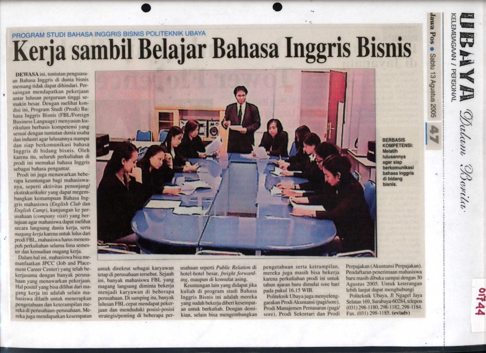 Kerja Sambil Belajar Bahasa Inggris Bisnis Pada Prodi Bahasa Inggris Bisnis POLITEKNIK UBAYA