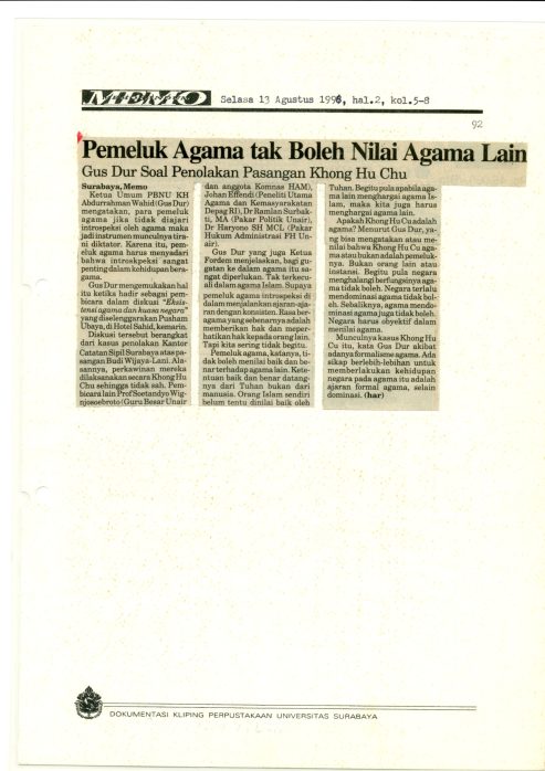 Tanggapan Gus Dur tentang Penolakan Pasangan Khong Hu Chu