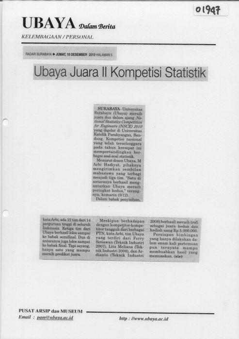 Ubaya Pernah Meraih Juara II Kompetisi Statistik 2010