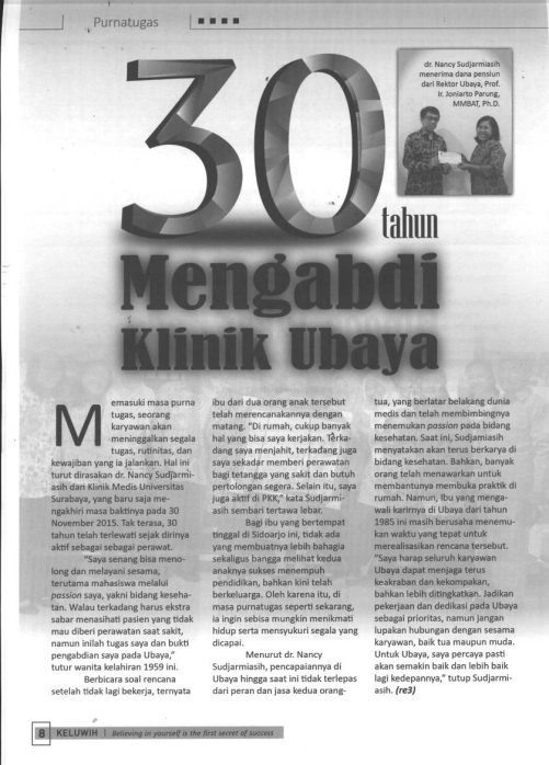 Ibu Sudjarmiasih : 30 Tahun Mengabdi di Klinik UBAYA