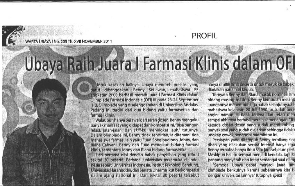 23 September 2011 – Universitas Surabaya Meraih Juara I Farmasi Klinis dalam OFI III 2011