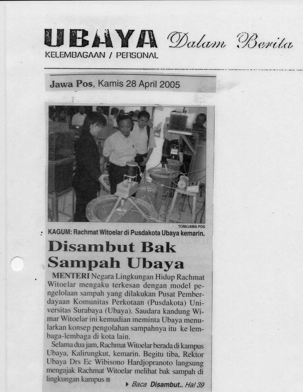 27-4-2005 Menteri Lingkungan Hidup Negara Kagum Dengan Model Pengolahan Sampah Ubaya